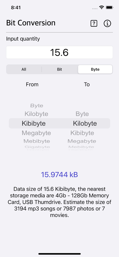 Bit Converter Plus - Bit Converter Plus app interface showing conversion from Kibibyte to Kilobyte with data size estimations