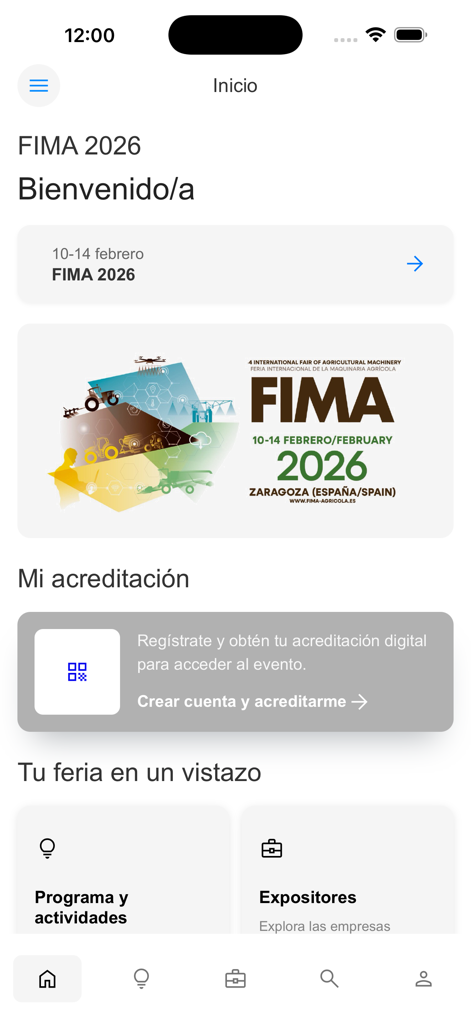 FIMA Agrícola - FIMA Agricolaアプリのホーム画面。2026年の農業トレードフェアのイベント詳細とデジタル認定オプションが表示されています。