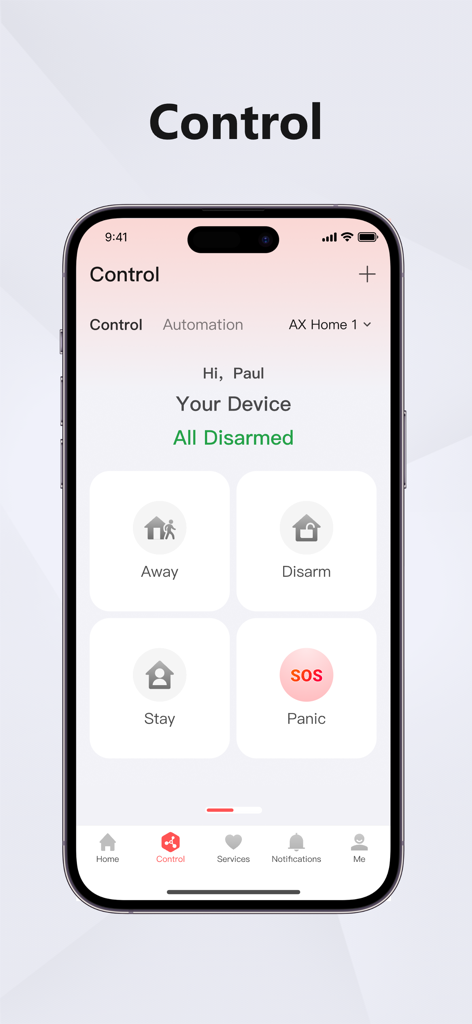 외출, 해제, 재실 및 비상 모드를 포함한 홈 보안 제어 옵션을 표시하는 Hik-Connect 앱의 대시보드