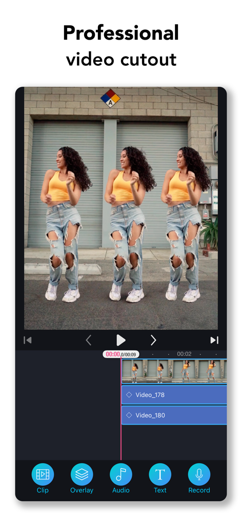 ClipIt - Video Maker & Editor - ClipIt-App-Oberfläche zur Videobearbeitung, die eine professionelle Ausschnitt- und Personenkopierfunktion auf einer mehrschichtigen Zeitleiste zeigt.