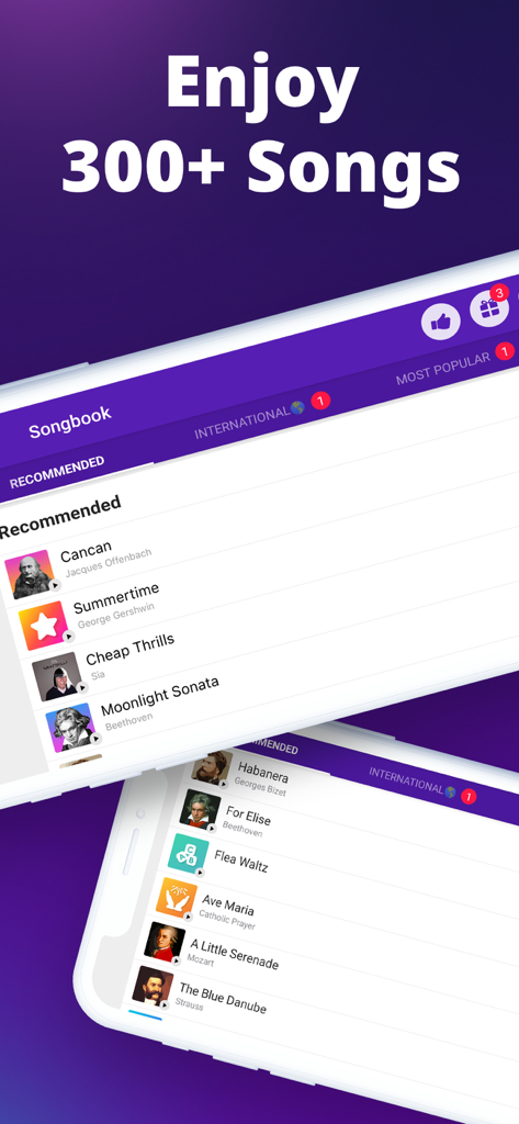 Interface do aplicativo Piano Crush mostrando um cancioneiro com mais de 300 músicas clássicas e populares