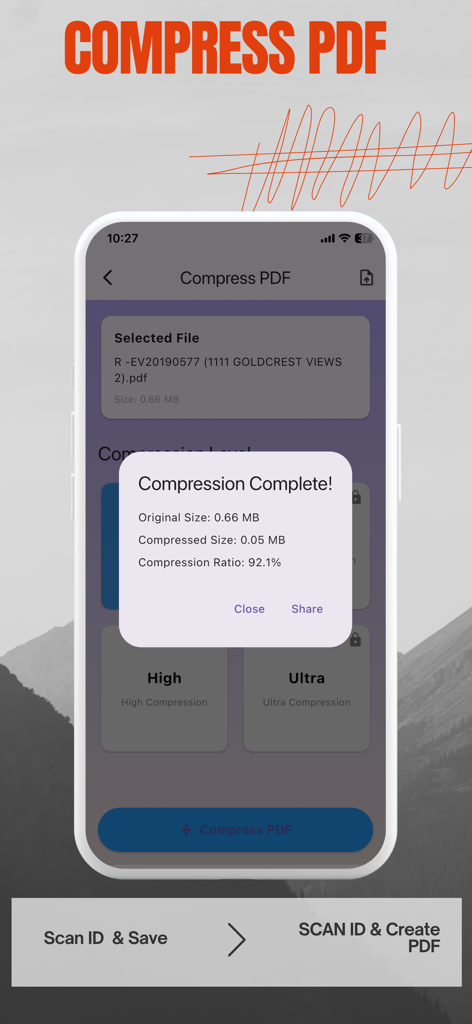 A mobile screenshot showing the PDF compression feature with a success message and compression stats in the PDF Scanner RS app