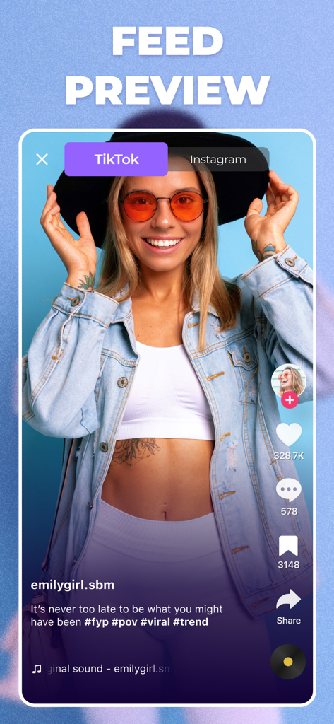 Una interfaz de aplicación móvil mostrando una vista previa del feed de TikTok con subtítulos automatizados para un vídeo de creador.