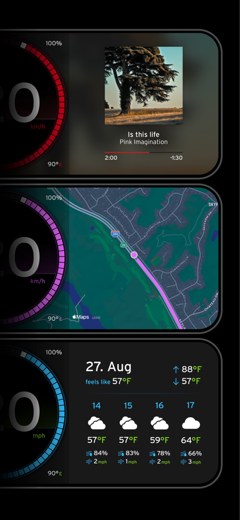Dashboard of the Digital Speed GPS Speedometer app displaying music player, map navigation, and weather forecast features.