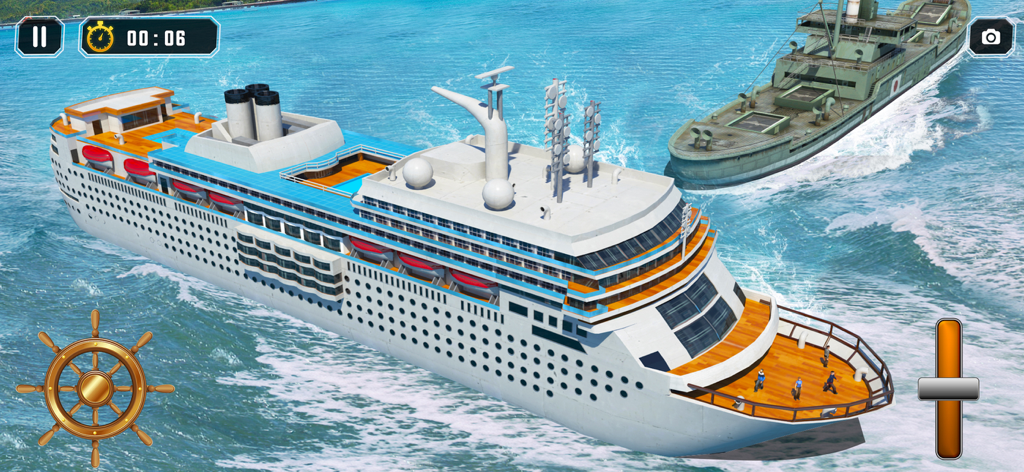 Ship Simulator Boat Games 2024 - Gameplay of Ship Simulator Boat Games 2024 showing a large cruise ship and a naval vessel on the open sea.