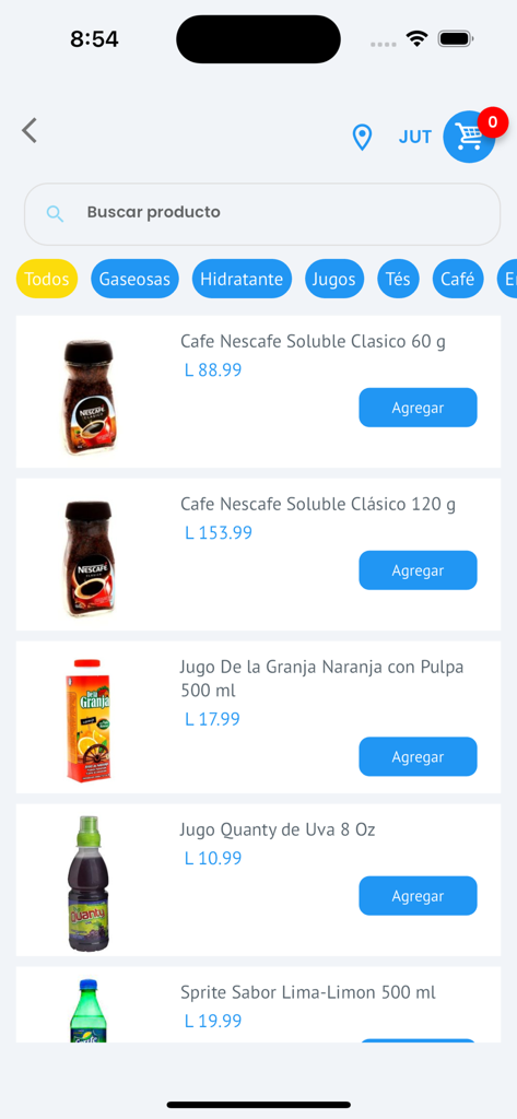 Product listing screen of the DinDon Delivery app showing coffee and juice items with Spanish category labels
