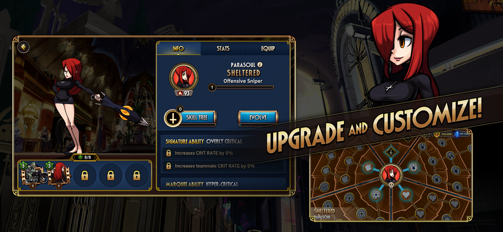 Screenshot des Skullgirls Charakteranpassungsbildschirms mit Parasouls Werten, Skill-Baum und Upgrade-Optionen