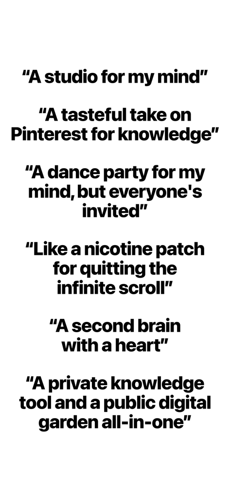 Sublime Internet - A series of descriptive quotes about the Sublime Internet app characterizing it as a studio for the mind and a private knowledge tool.