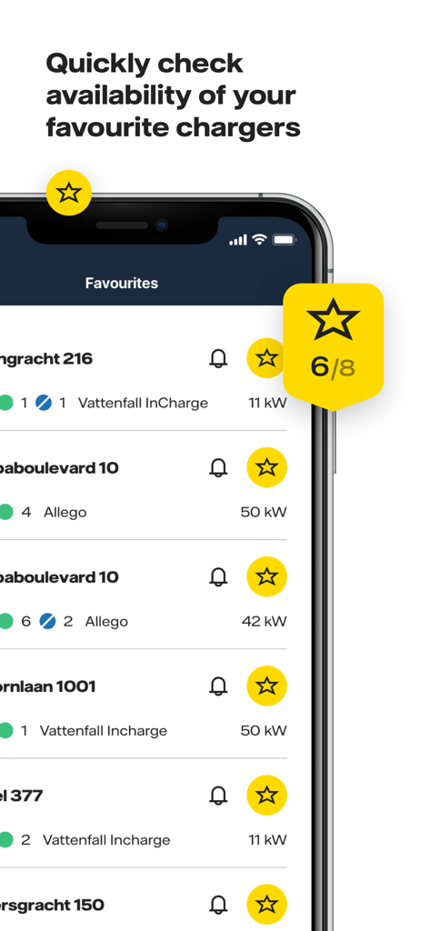 Vattenfall InCharge - Interfaz de la aplicación Vattenfall InCharge que muestra las estaciones de carga de vehículos eléctricos favoritas y su disponibilidad.