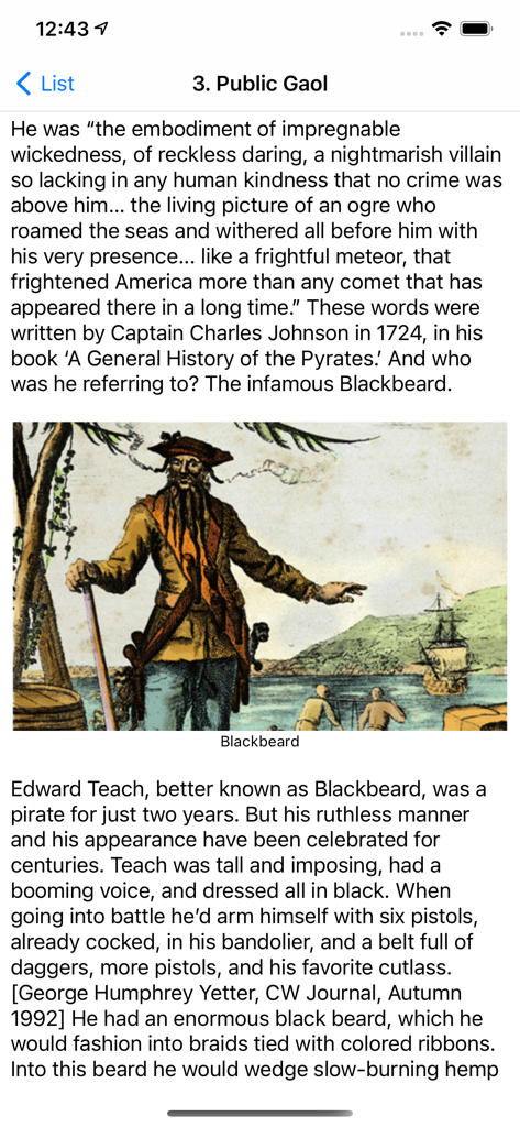 Colonial Williamsburg History - Historical text and illustration about the pirate Blackbeard at the Public Gaol in the app