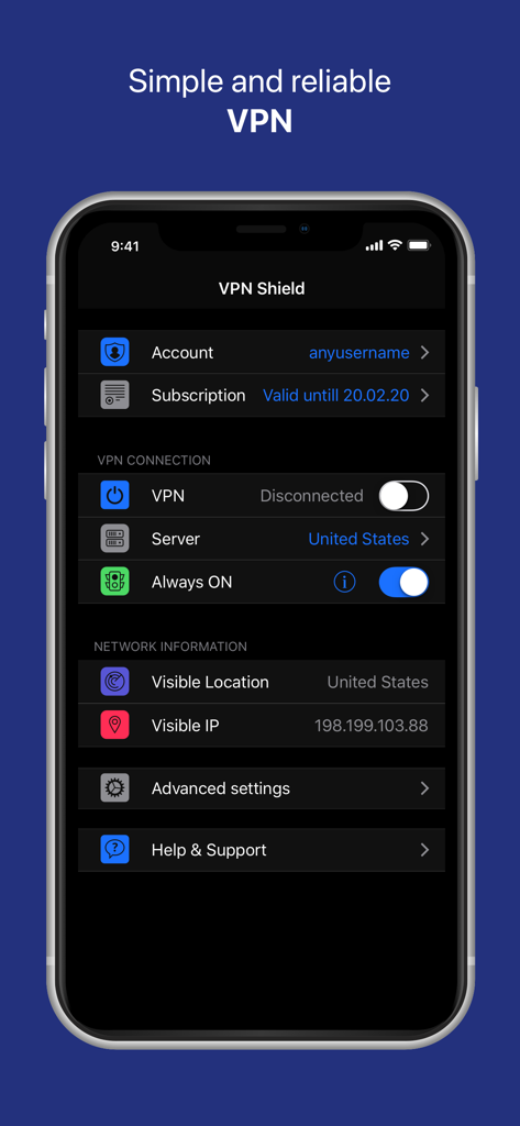 VPN Shield Professional app interface on an iPhone displaying connection settings and server location in the United States