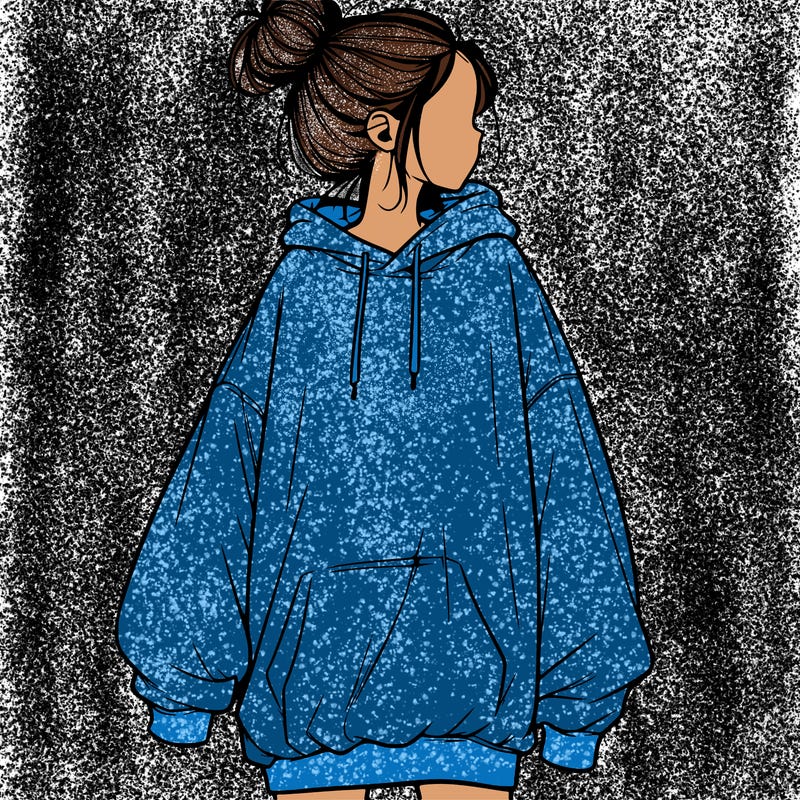 realistic girl with a oversized sweatshirt on and a bun