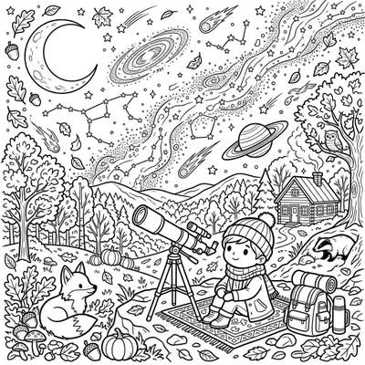 Discover the magic of astrophotography beautifully blended with the cozy charm of autumn in this unique coloring page. Perfect for anyone who loves celestial wonders and the beauty of fall nature.