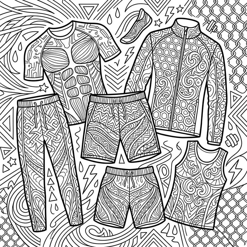 Dive into a unique coloring experience with our Men's Activewear page, designed specifically for adults seeking intricate patterns and detailed designs. Explore a collection of athletic apparel, each piece adorned with complex motifs perfect for mindful relaxation.