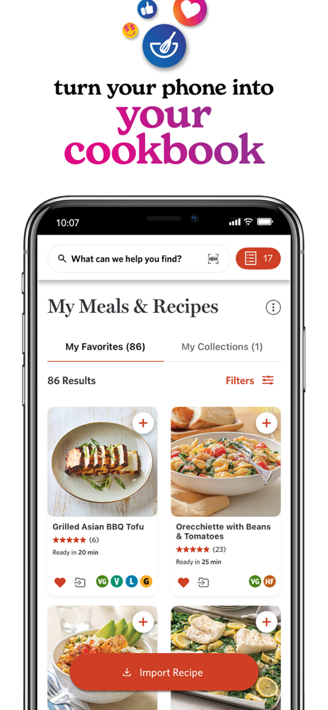 Wegmans - Wegmans mobile app interface showing a digital cookbook with saved meal recipes.