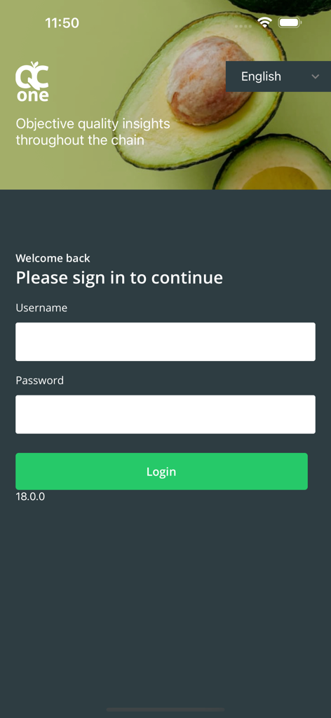 Login screen of the QC One Inspector app featuring a header with an avocado image, username and password input fields, and a green login button.
