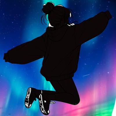realistic girl jumping with a bun and oversized sweatshirt