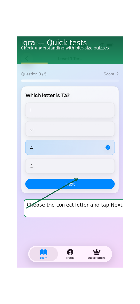Learn Quran Reading by-Steps - Iqra app quiz screen asking to identify the Arabic letter Ta from multiple choices