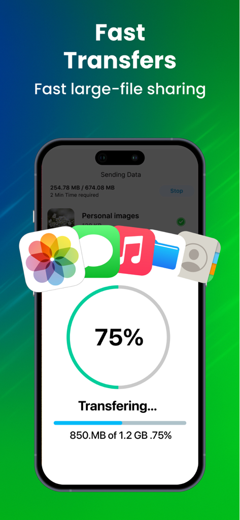 Phone Clone - Copy My Data - Una pantalla de teléfono inteligente que muestra el progreso del setenta y cinco por ciento de una transferencia de datos rápida que incluye fotos, música y archivos