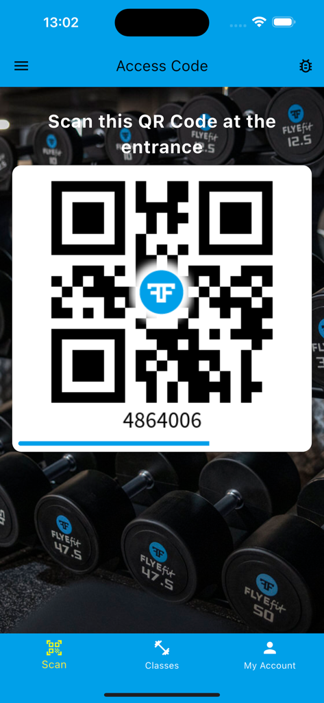 FLYEfit - FLYEfit app screen displaying a QR code for fast gym entry at the turnstiles