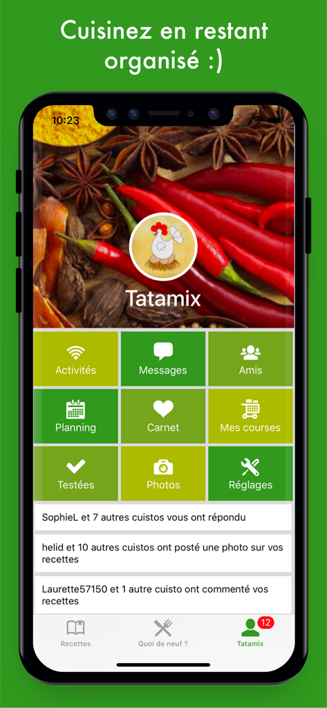 Cookomix - Dashboard dell'app mobile Cookomix che mostra il profilo utente e le funzionalità di organizzazione della cucina, comprese le liste di pianificazione e della spesa.