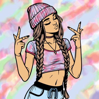 realistic teenage girl with braids and a beanie and crop top doing 🫶🏼