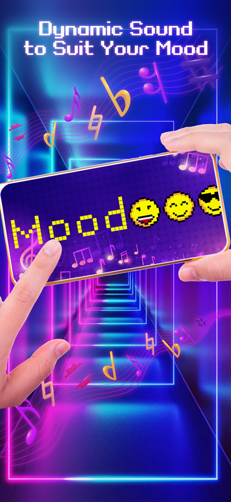 LED Banner: LED Scroller Text - Smartphone mostrando texto desplazable LED pixelado amarillo con emojis y notas musicales sobre un fondo de neón