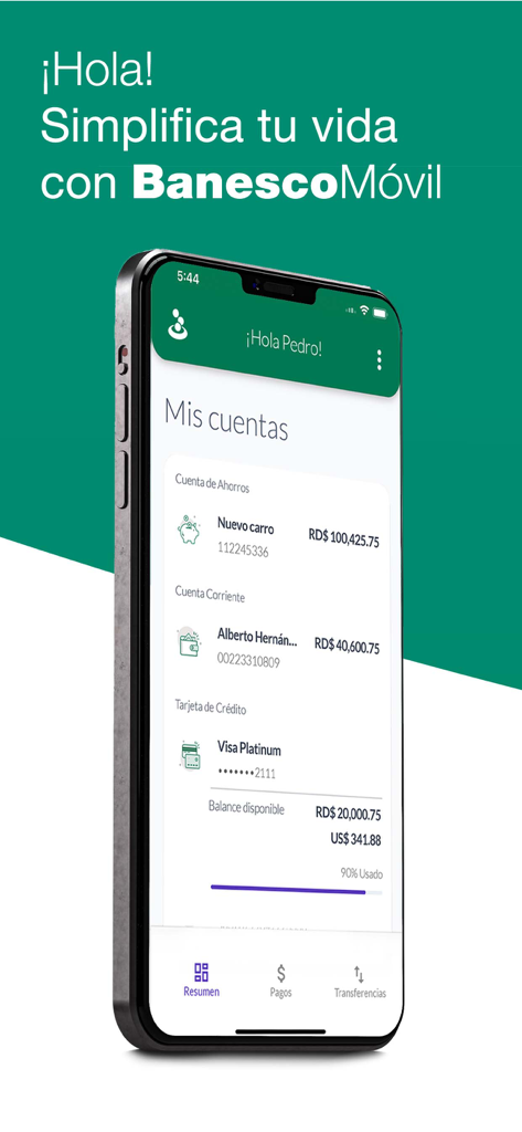Dashboard de la aplicación móvil Banesco RD mostrando saldos de cuentas de ahorro y corriente, además del estado de la tarjeta de crédito en Pesos Dominicanos y Dólares Estadounidenses.
