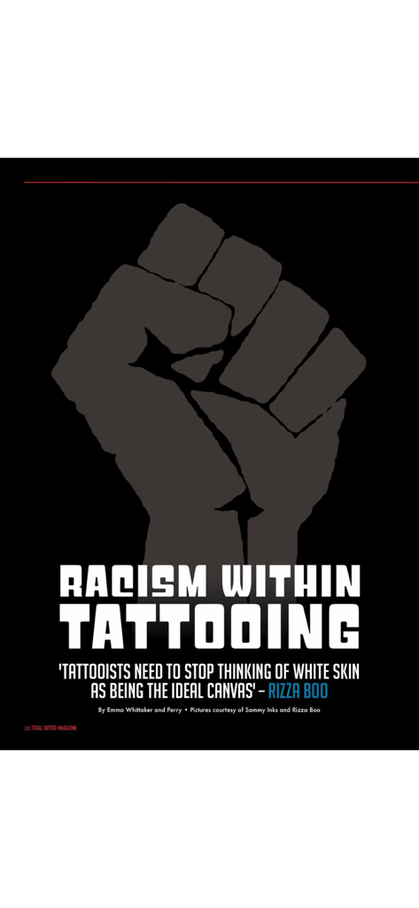 Total Tattoo Magazine article page titled Racism Within Tattooing with a raised fist graphic