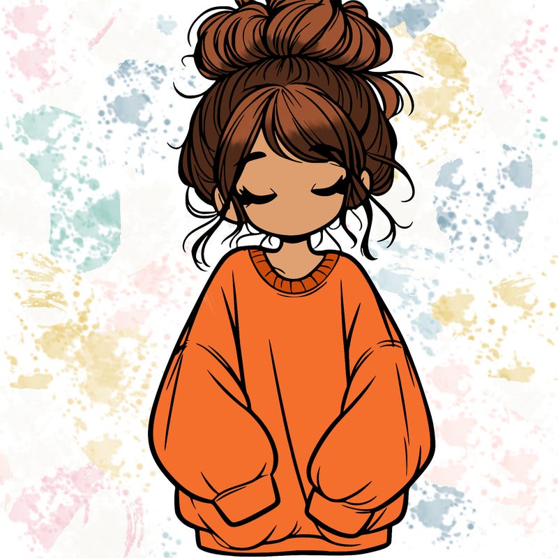 girl with baggy sweatshirt and messy bun