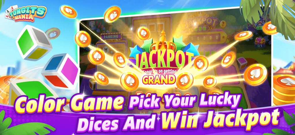 Tongits Mania - Tongits Mania Color Game interface with lucky dice and jackpot rewards