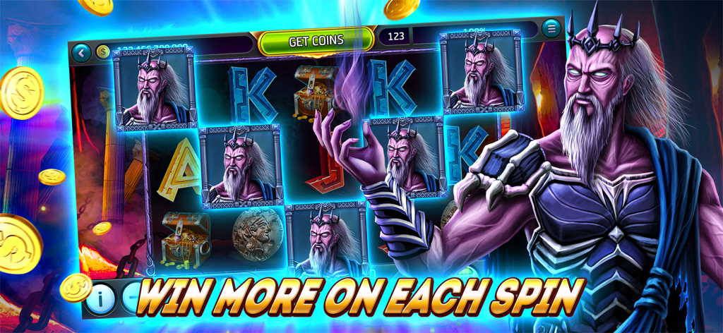 A Greek mythology themed slot machine screen in Eon Slots with a large character and the text Win more on each spin.