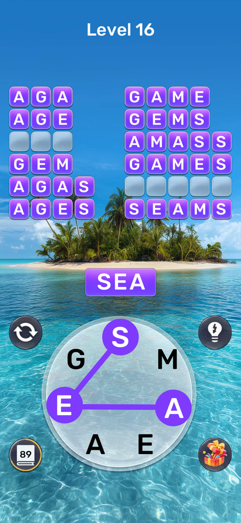 Word Oasis: Calm Puzzle Game - Word Oasisの言葉つなぎパズルレベル。熱帯の島の背景と文字選択ホイールが特徴。
