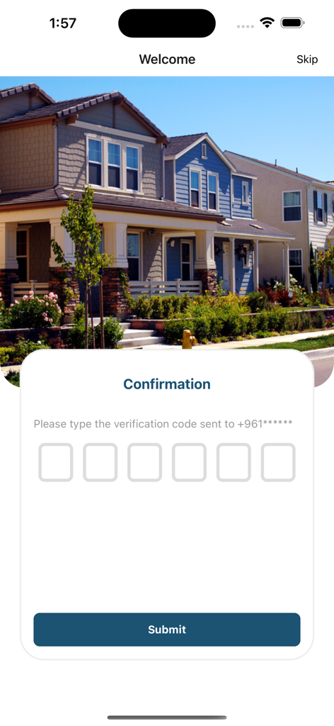 3ikary - Verification code entry screen for the 3ikary real estate app showing suburban houses in the background.