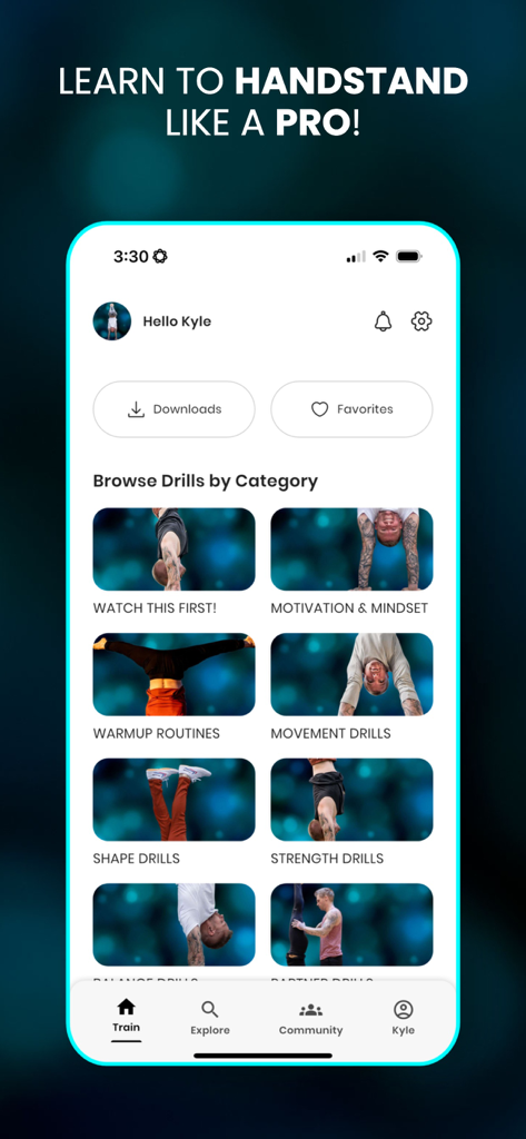 Pantalla de inicio de la aplicación Handstand Coach mostrando las categorías de ejercicios de entrenamiento
