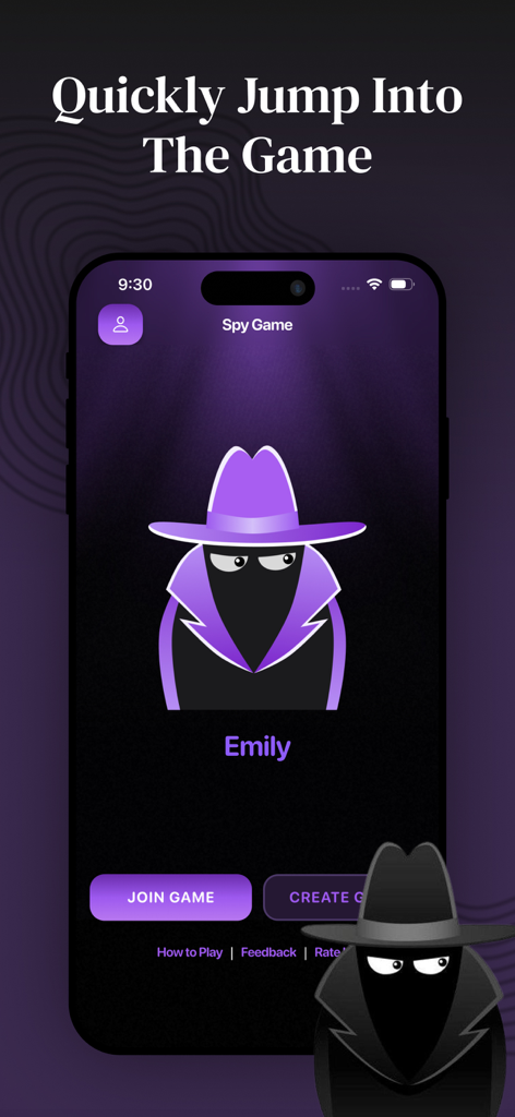 Spy Game - party impostor game - Spy Game mobile app Hauptbildschirm mit Avatar und Schaltflächen zum Beitreten oder Erstellen eines Spiels