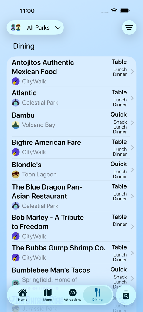 Magic Guide: Universal Orlando - Pantalla de la aplicación móvil que muestra una lista de restaurantes en Universal Orlando con detalles de ubicación y tipo de servicio.