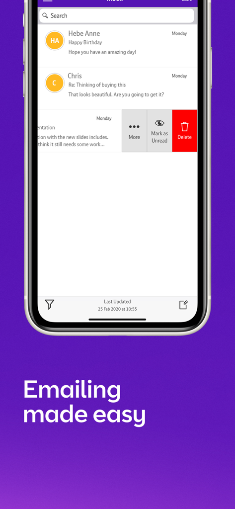 BT Email - BT Email app inbox on an iPhone showing email list and swipe to delete action