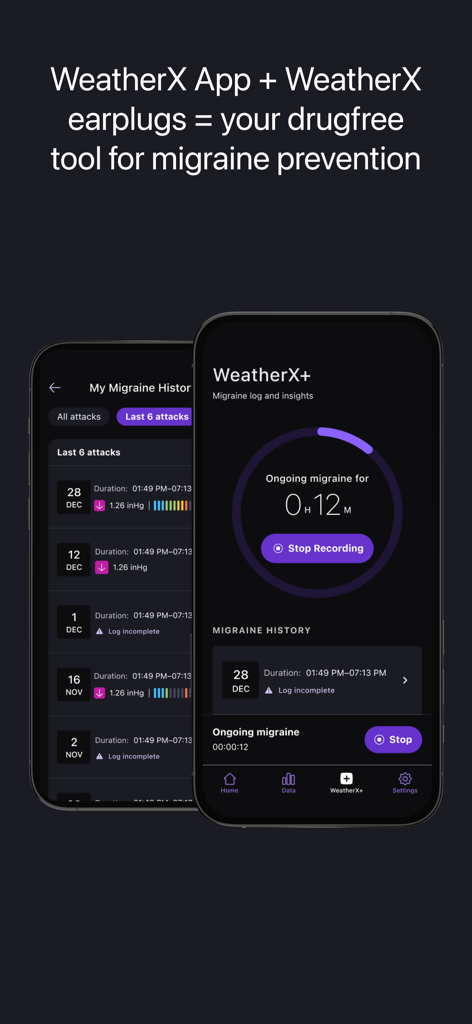 WeatherX app interface showing migraine history and ongoing attack tracking