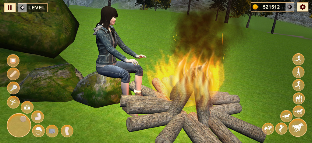 A character sitting by a campfire in a grassy outdoor setting with game UI icons for horse racing and riding