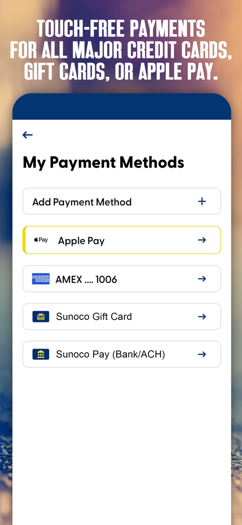 Sunoco GO REWARDS app screen showing touch-free payment options including Apple Pay and Sunoco Pay