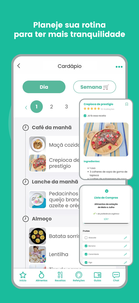 Garfinho app displaying a child daily meal plan and a shopping list interface.