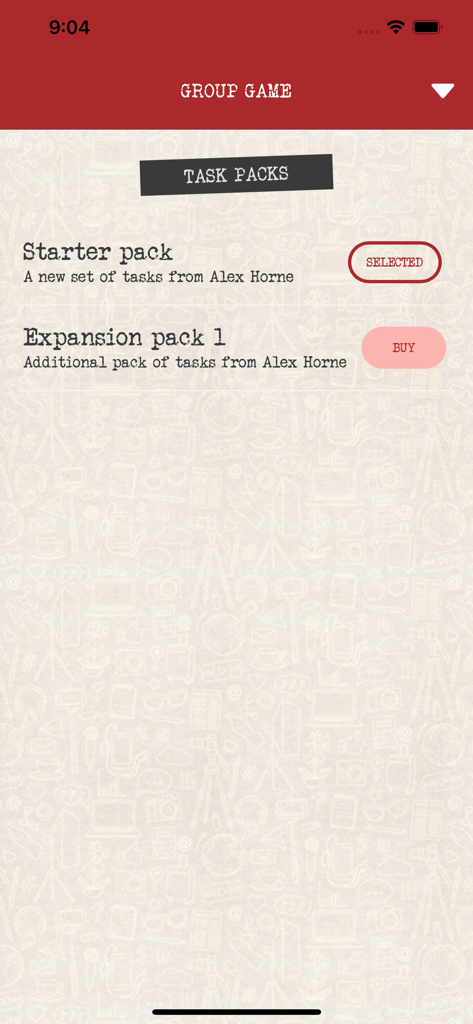Taskmaster The App - Group Game menu in Taskmaster The App showing starter and expansion task packs