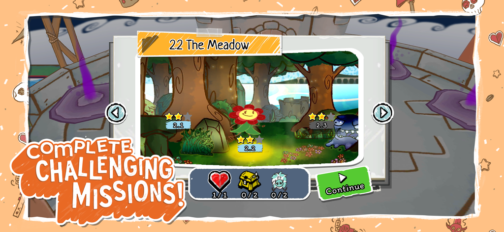 Draw a Stickman: EPIC 3 - A mission selection screen for the Meadow level in Draw a Stickman EPIC 3 showing star ratings and progress.