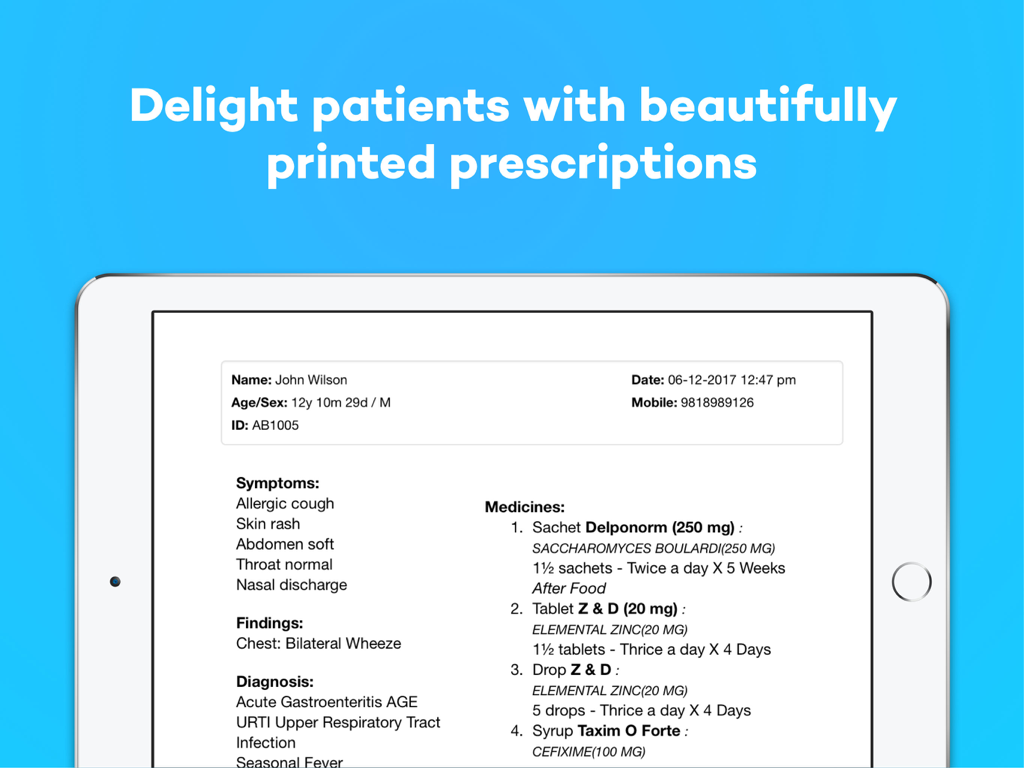 Digital medical prescription interface displayed on an iPad screen using the Docon EMR app