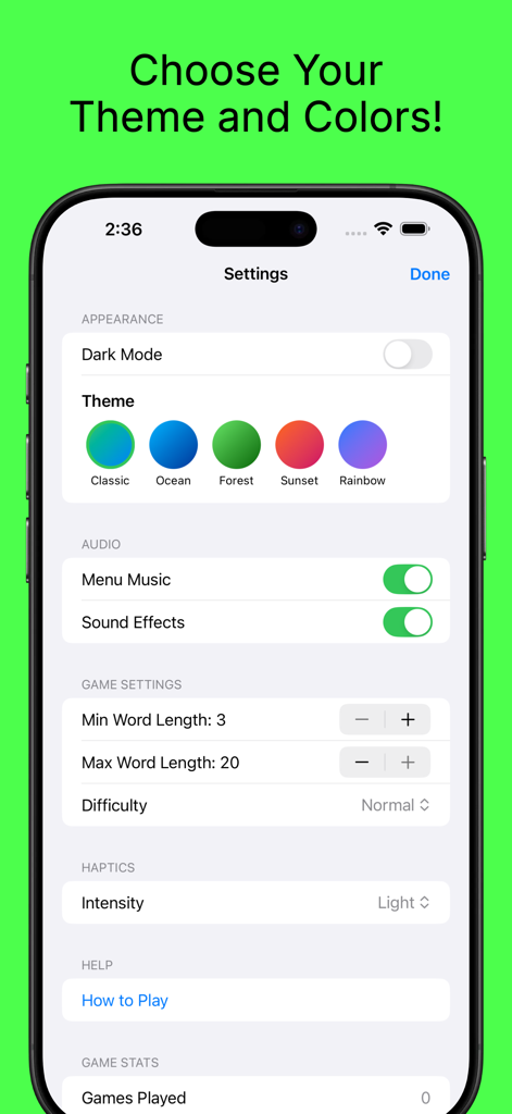 Wordlab Word Game - Wordlab settings interface with theme selection and game difficulty options