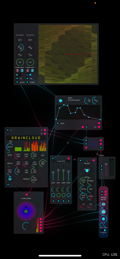 Audulus 4 - Audulus 4 interface showing a complex modular synthesizer patch with multiple interconnected audio nodes and a visualizer.