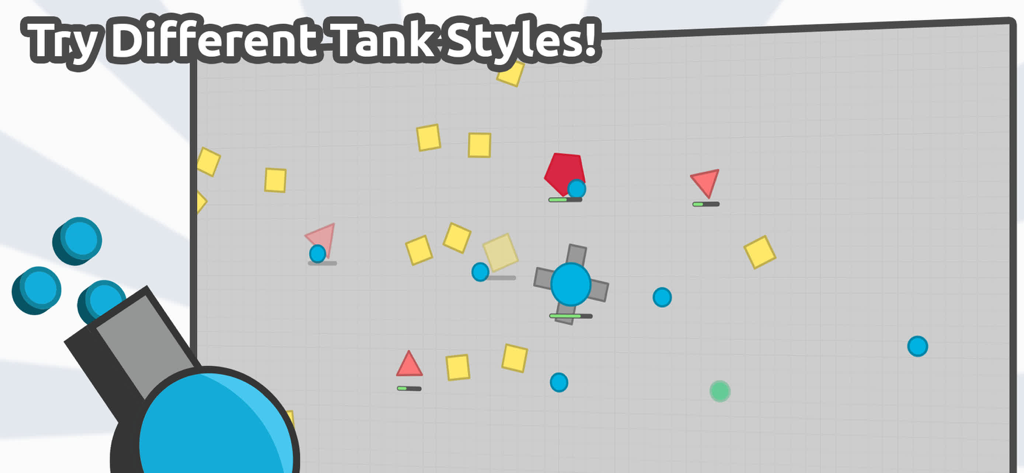 diep.io - Gameplay mobile de Diep.io montrant différentes classes de tanks et des obstacles géométriques sur une arène quadrillée.