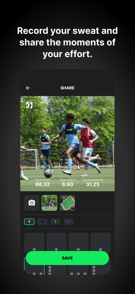 SOCCERBEE - Soccerbee app screen showing player performance stats like speed and distance overlaid on a soccer photo