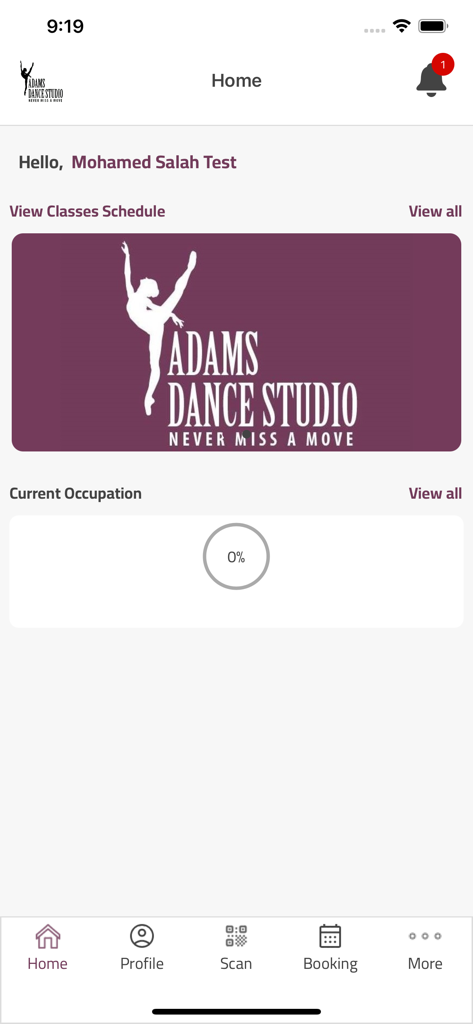 Adams Dance Studio - Pantalla de inicio de la aplicación Adams Dance Studio mostrando el horario de clases y el seguimiento de la ocupación del estudio